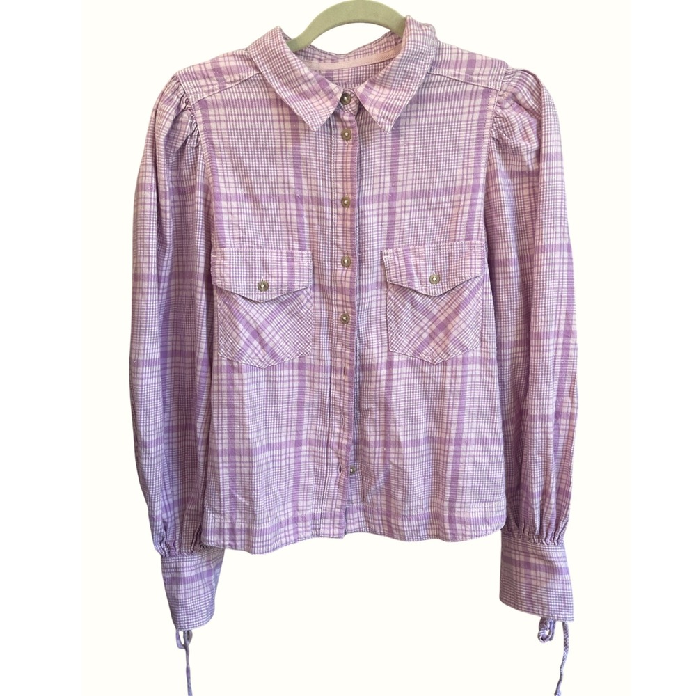 Free People Lilac Purple Plaid Flannel Puff Shoulder Lace-up Sleeve Top‎ M